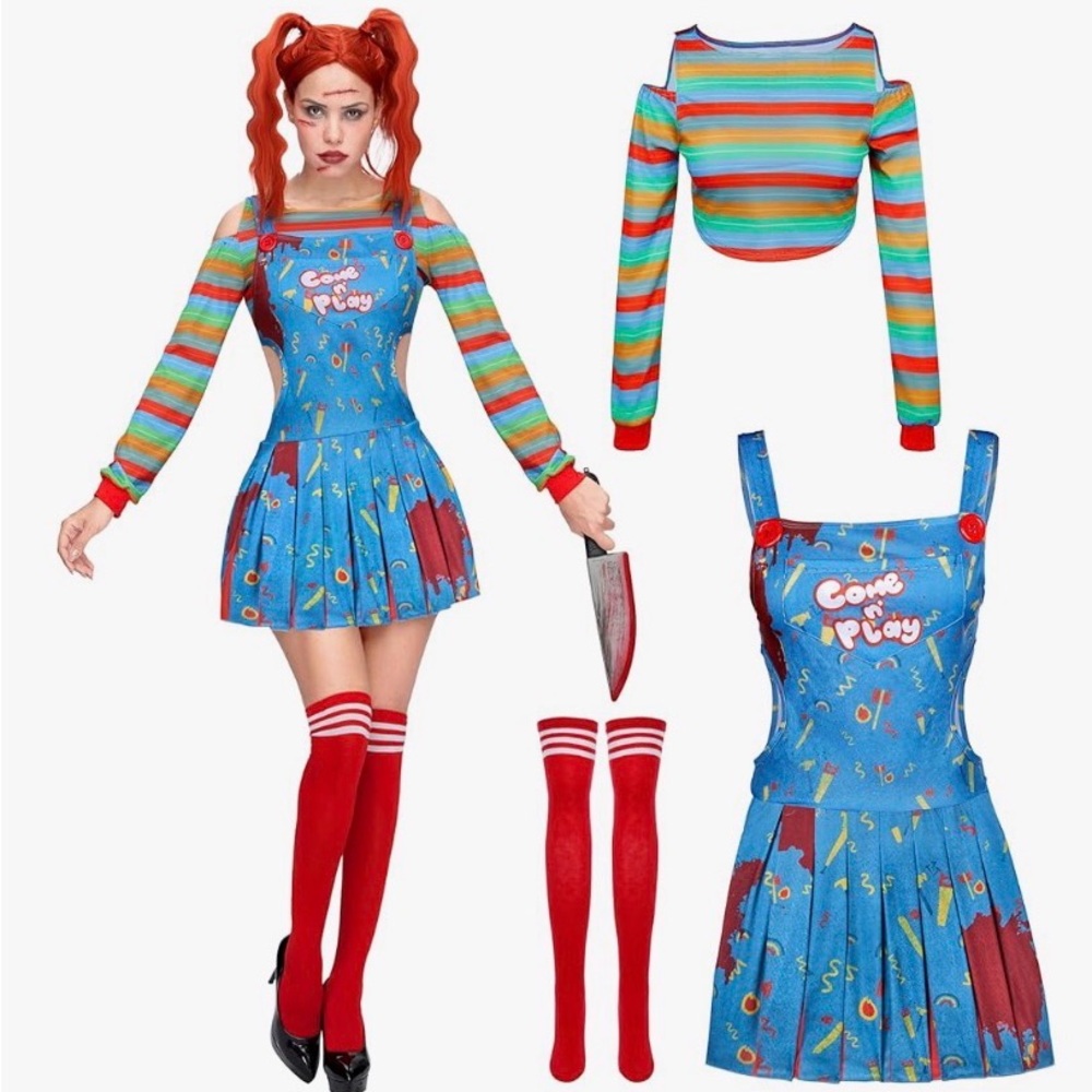 Blue 'Come Play' Striped Sleeve Pinafore Dress Costume